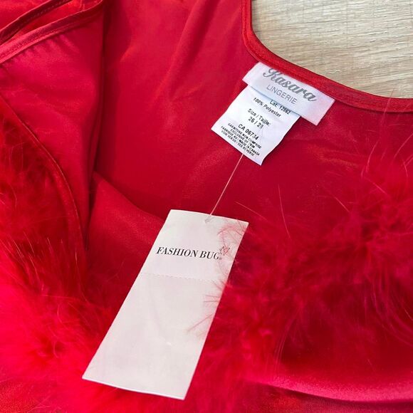 NWT Y2K Fashion Bug Red Silky Slip Dress Feather Trim Plus Sleepwear Lingerie - Picture 4 of 6